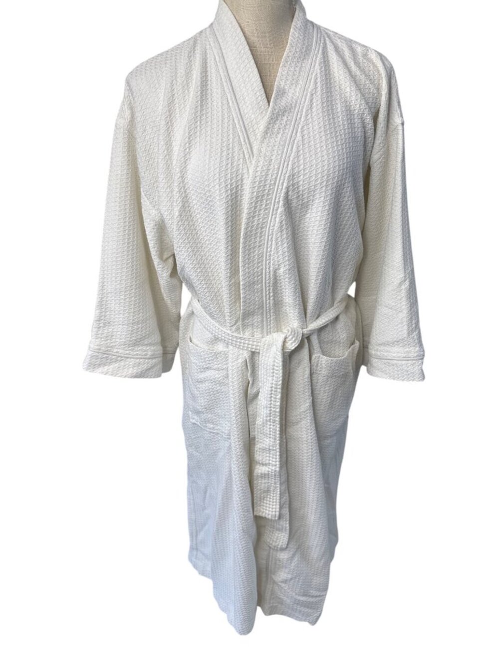 Waffle Knit White Spa Bathrobe With Belted Waist & Pockets